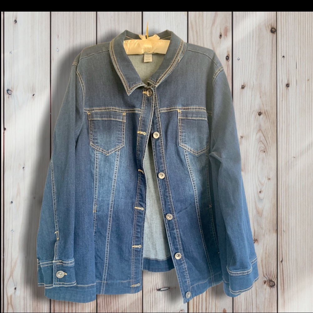 Slightly distressed dark denim jacket.